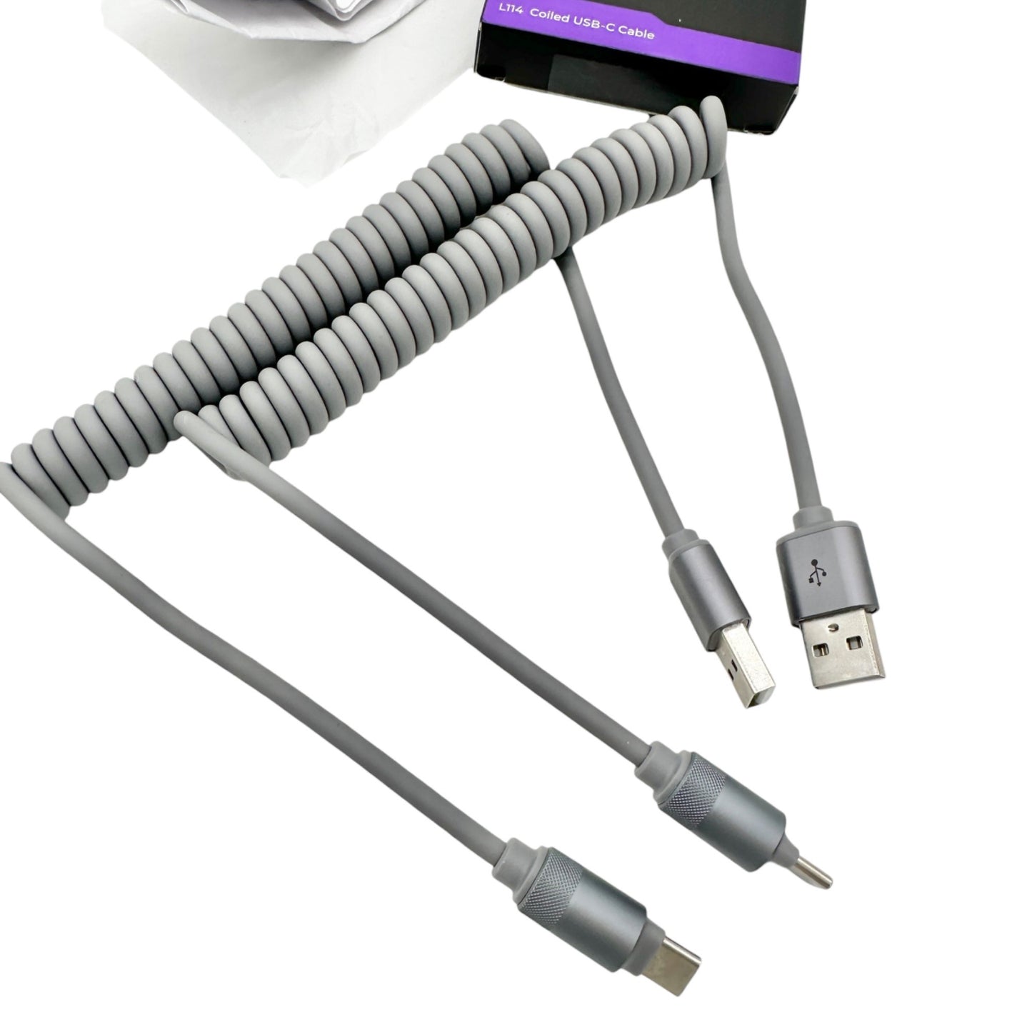 Lisen L114 USA-A - USB-C Coiled Charging Cable For Vehicle Connector Grey 2 pack