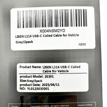 Lisen L114 USA-A - USB-C Coiled Charging Cable For Vehicle Connector Grey 2 pack