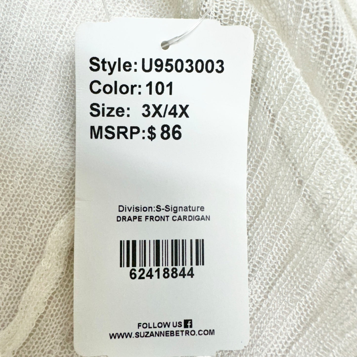 Suzanne Betro Drape Front Cardigan 3X/4X White Lightweight Knit Stretchable NWT
