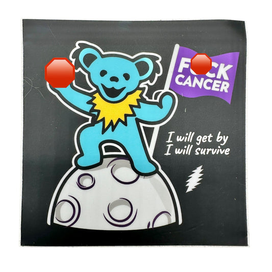 Motivational Cancer Survivor Sticker 4x4 Square Black with Teal Bear White Moon