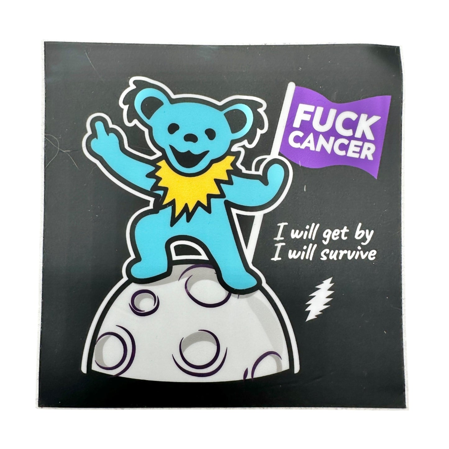 Motivational Cancer Survivor Sticker 4x4 Square Black with Teal Bear White Moon
