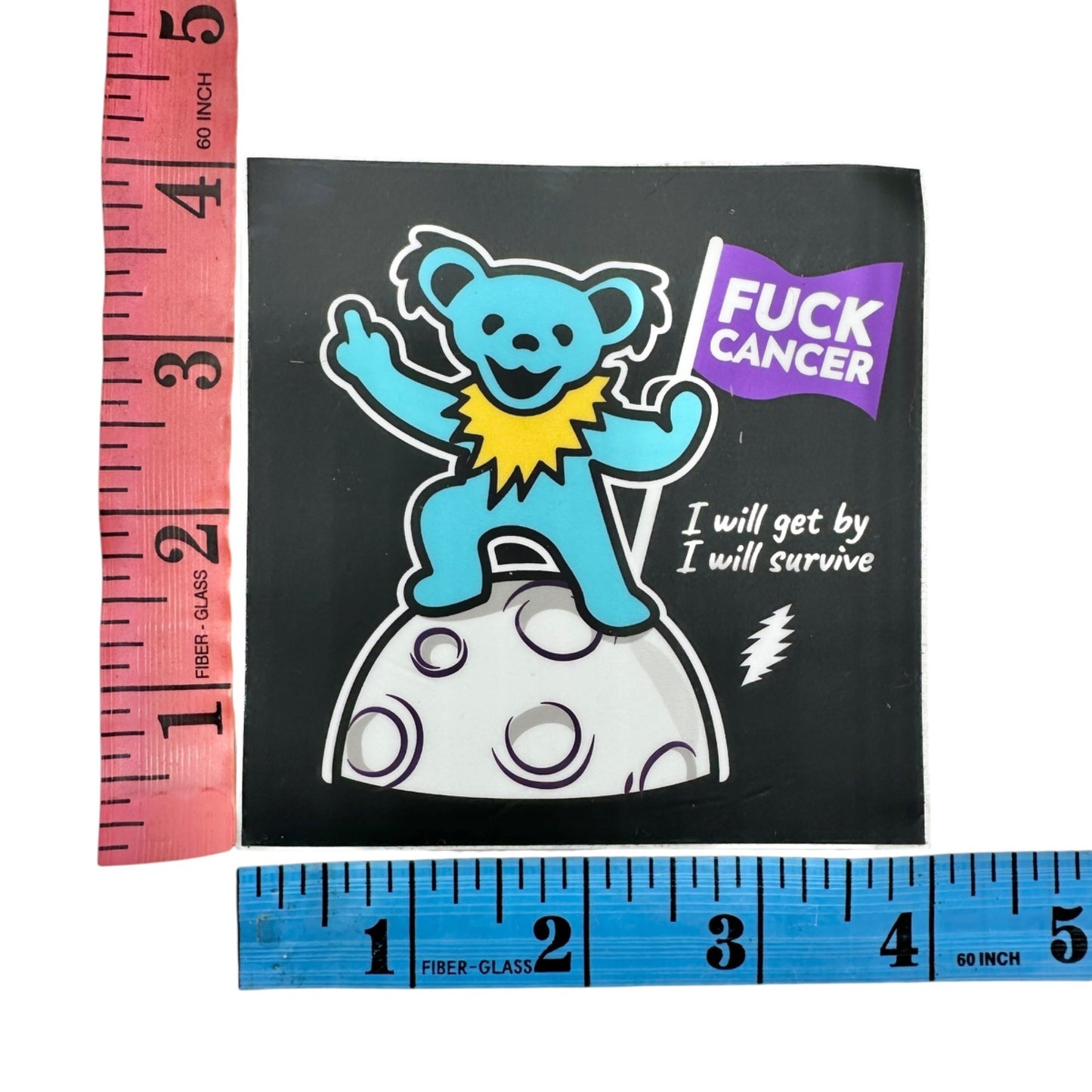 Motivational Cancer Survivor Sticker 4x4 Square Black with Teal Bear White Moon