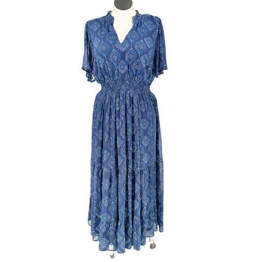Torrid 2 Midi Dress Size 2X Blue Smocked Waist Floral Print Short Flutter Sleeve