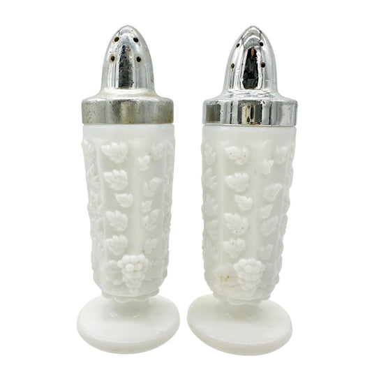 Vintage Milk Glass Salt and Pepper Shakers Grape Vine Design Chrome Lids Elegant