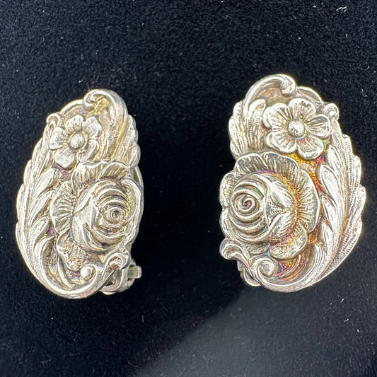 Vtg Sterling Silver Floral Clip On Earrings Intricate Rose and Flower Design
