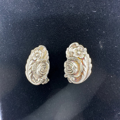 Vtg Sterling Silver Floral Clip On Earrings Intricate Rose and Flower Design