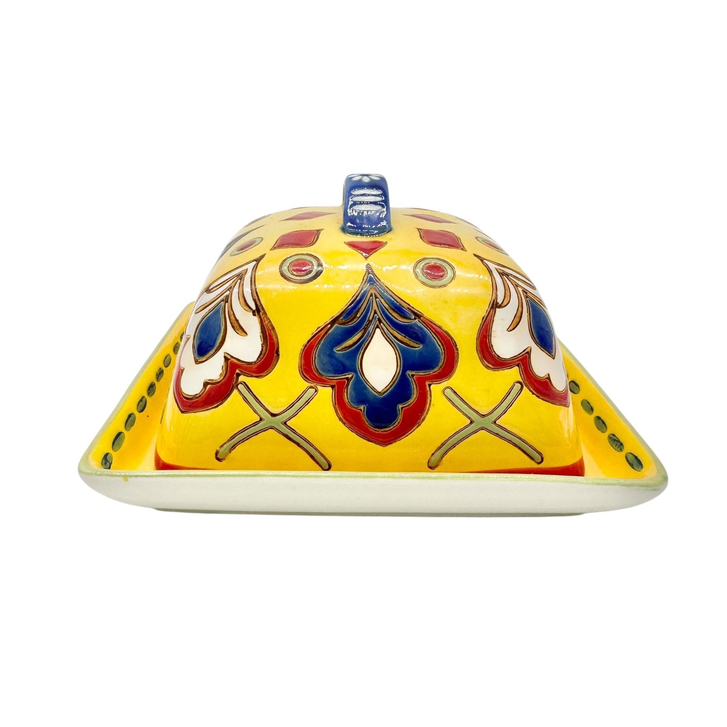 Dutch Wax Handpainted Ceramic Covered Butter Dish Square Yellow Colorful Vibrant