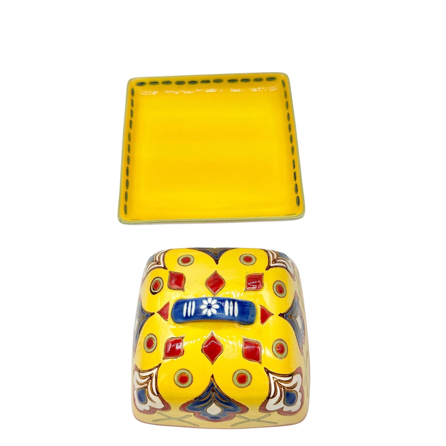 Dutch Wax Handpainted Ceramic Covered Butter Dish Square Yellow Colorful Vibrant