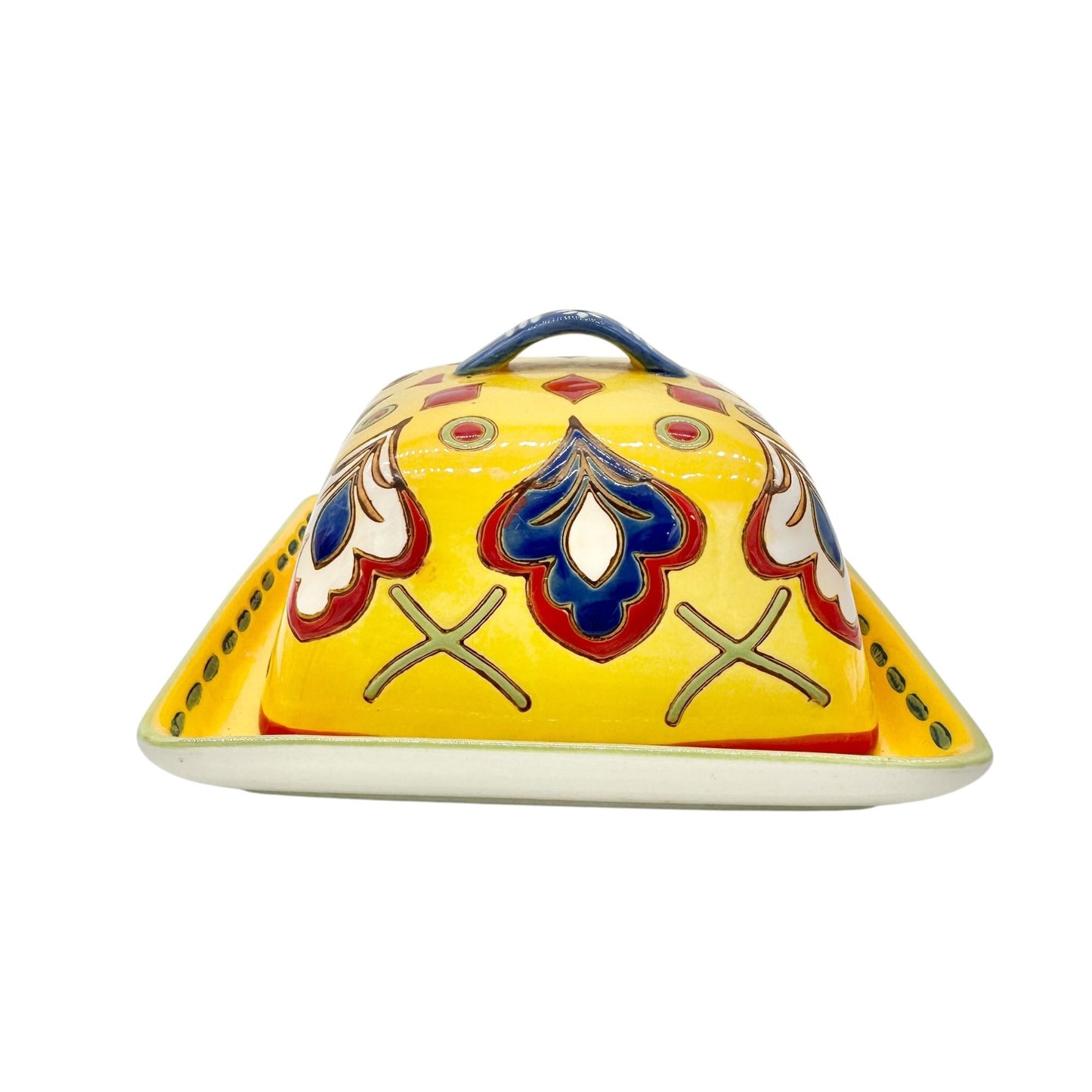 Dutch Wax Handpainted Ceramic Covered Butter Dish Square Yellow Colorful Vibrant