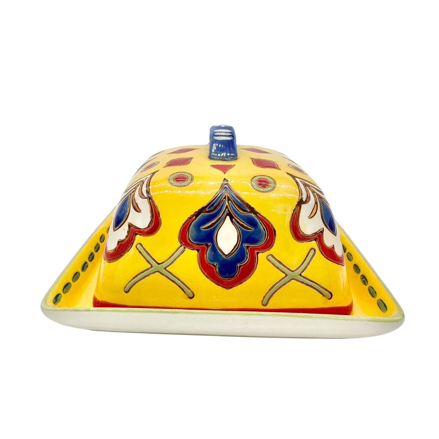 Dutch Wax Handpainted Ceramic Covered Butter Dish Square Yellow Colorful Vibrant