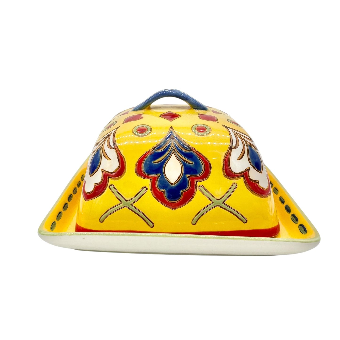 Dutch Wax Handpainted Ceramic Covered Butter Dish Square Yellow Colorful Vibrant