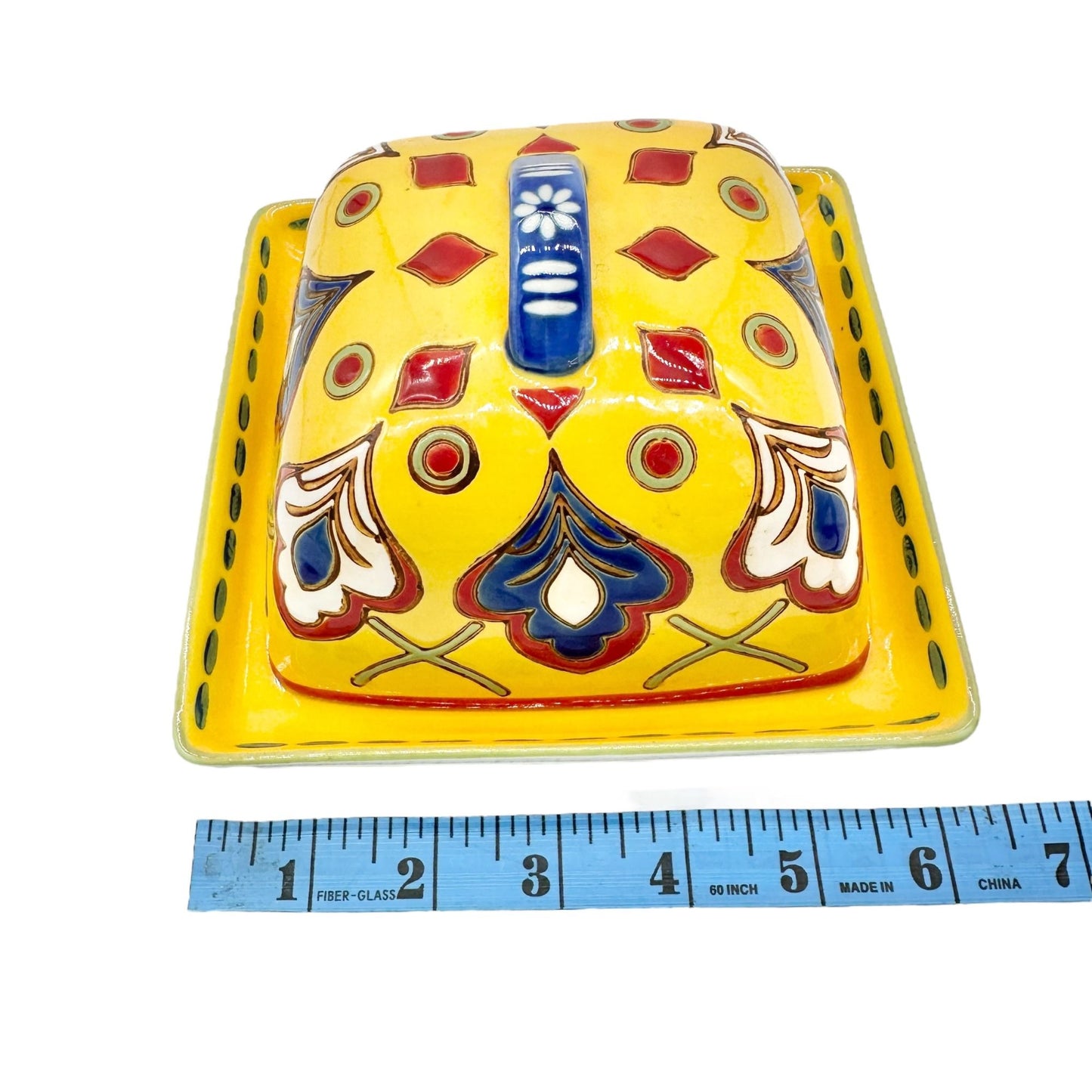 Dutch Wax Handpainted Ceramic Covered Butter Dish Square Yellow Colorful Vibrant