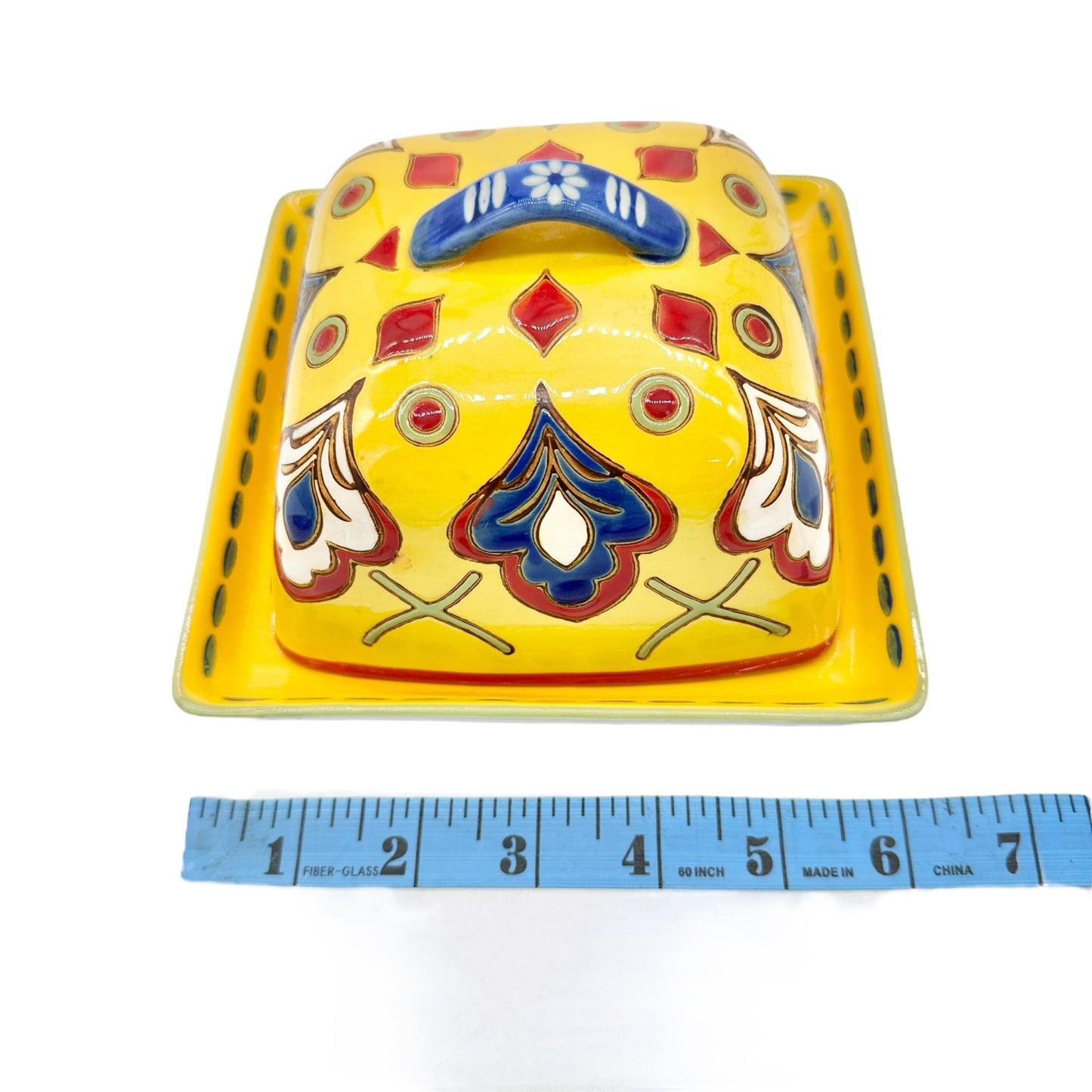 Dutch Wax Handpainted Ceramic Covered Butter Dish Square Yellow Colorful Vibrant