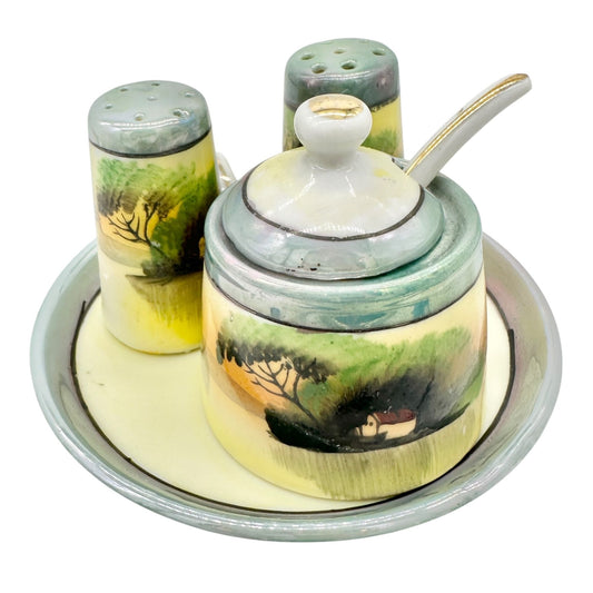 Japanese Condiment 6 pc Set Hand-Painted Tray Jar Spoon Salt Pepper Shakers