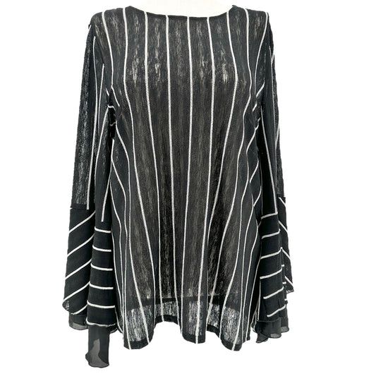 Suzanne Betro Tunic Top Womens 2X Black White Striped Bell Sleeve Sheer Lined