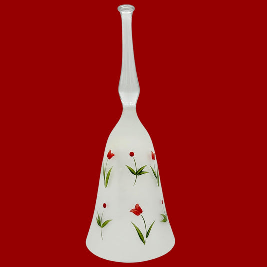 Hand Painted Frosted Glass Bell Red Tulips Green Leaves Made in Hungary 8.5"H