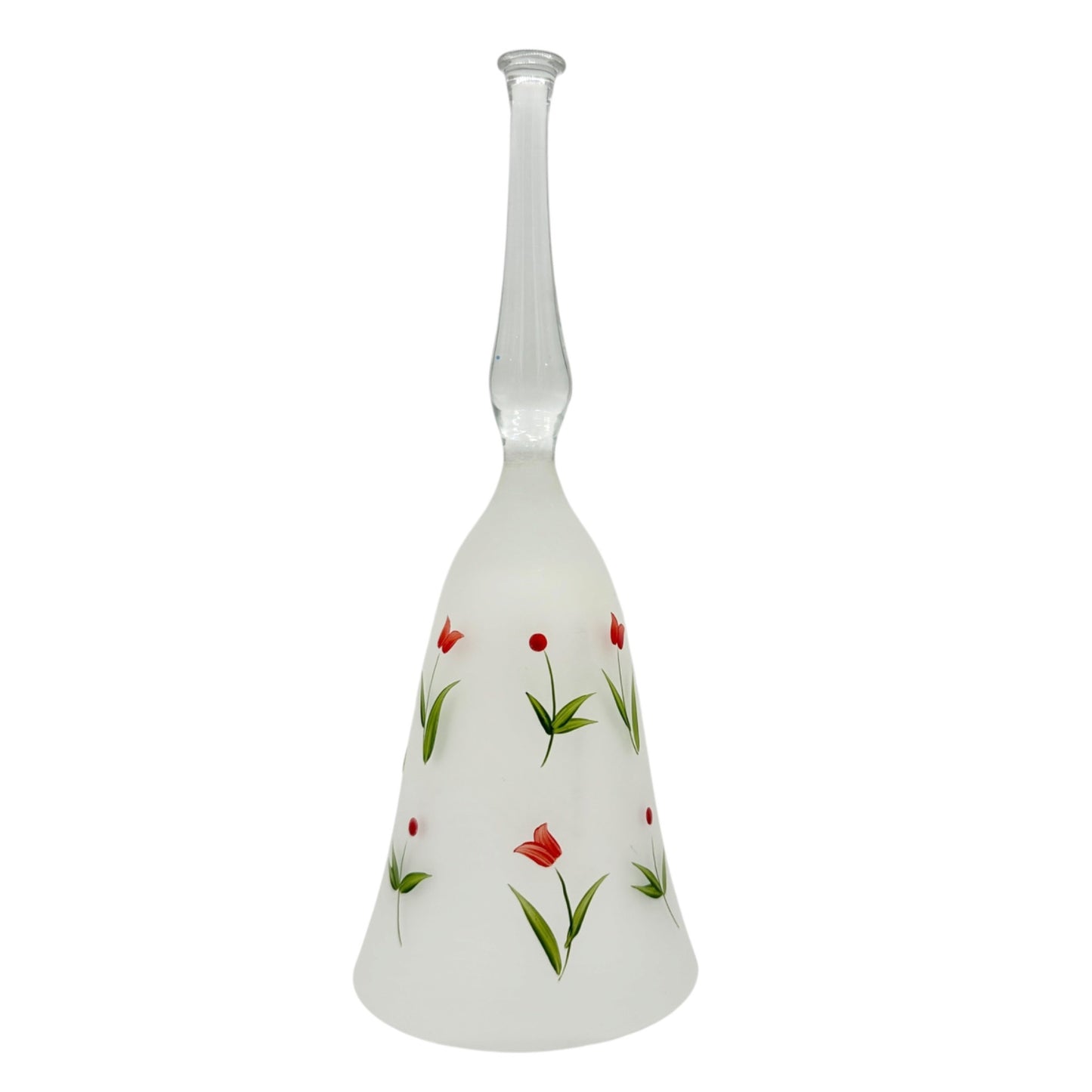 Hand Painted Frosted Glass Bell Red Tulips Green Leaves Made in Hungary 8.5"H