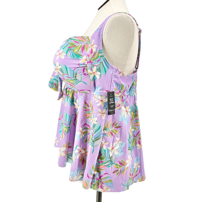 Torrid 3 Wireless Babydoll Tie-Front Tankini Top Lush Tropical Wisteria 3-DD/F