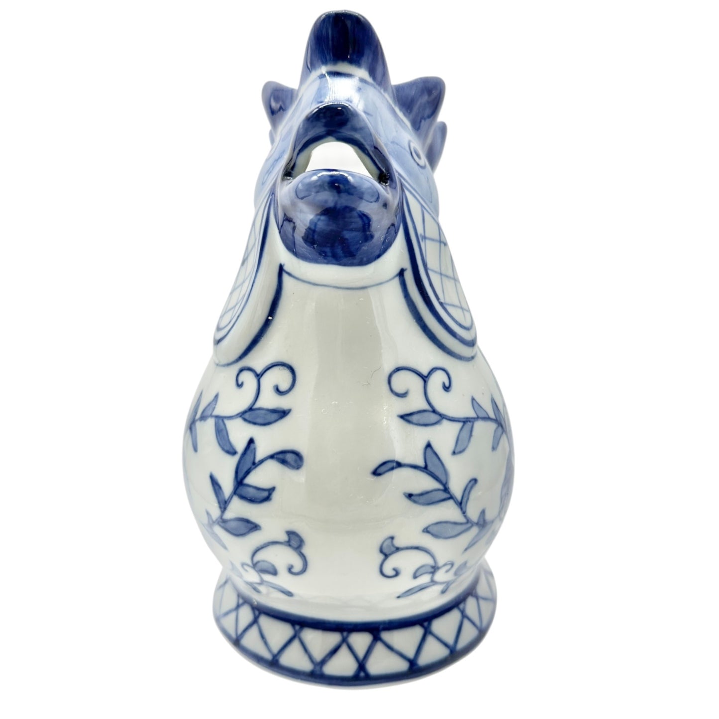 Vintage Rooster Pitcher Blue and White Ceramic With Floral Design 8 in Tall