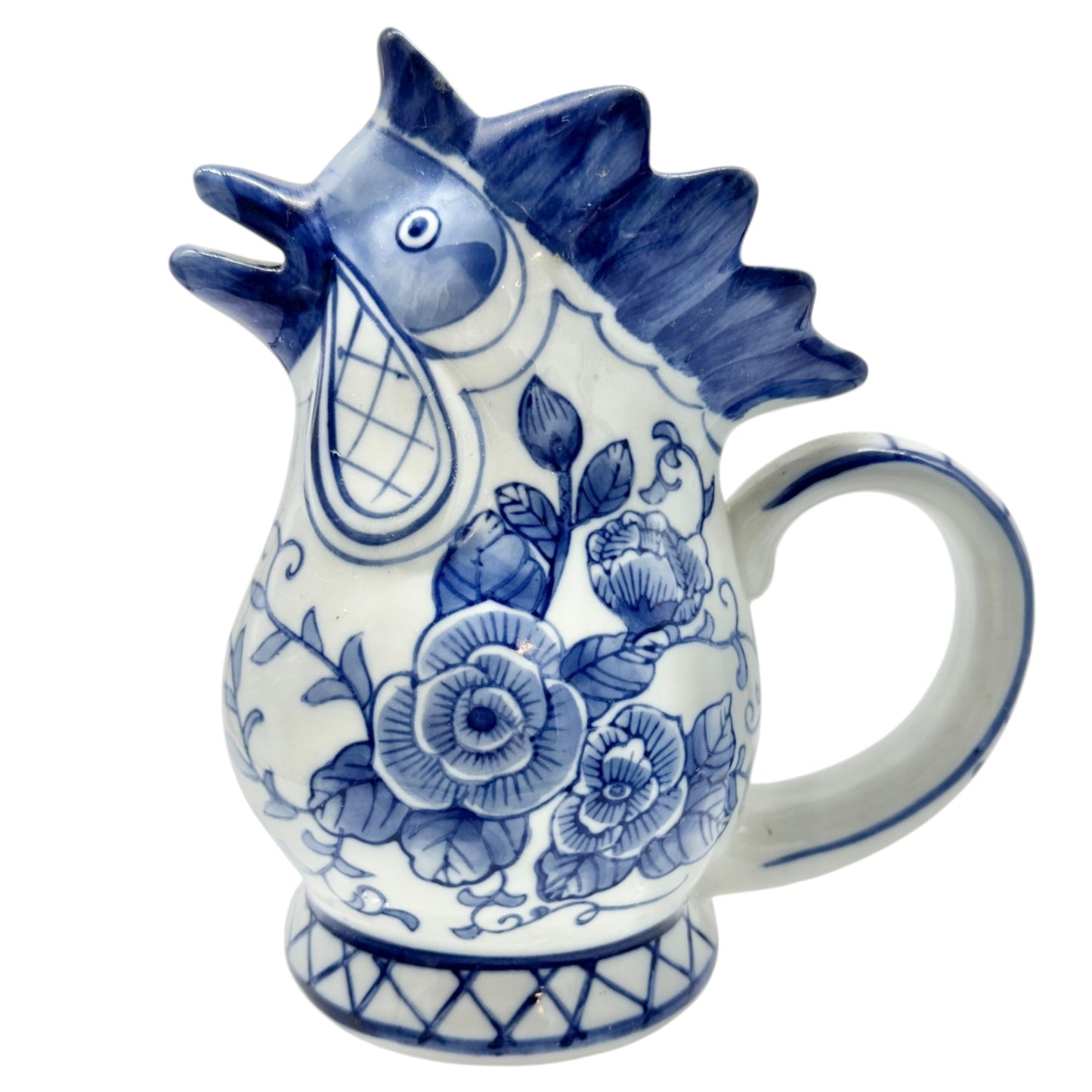 Vintage Rooster Pitcher Blue and White Ceramic With Floral Design 8 in Tall