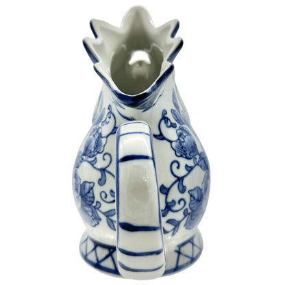 Vintage Rooster Pitcher Blue and White Ceramic With Floral Design 8 in Tall