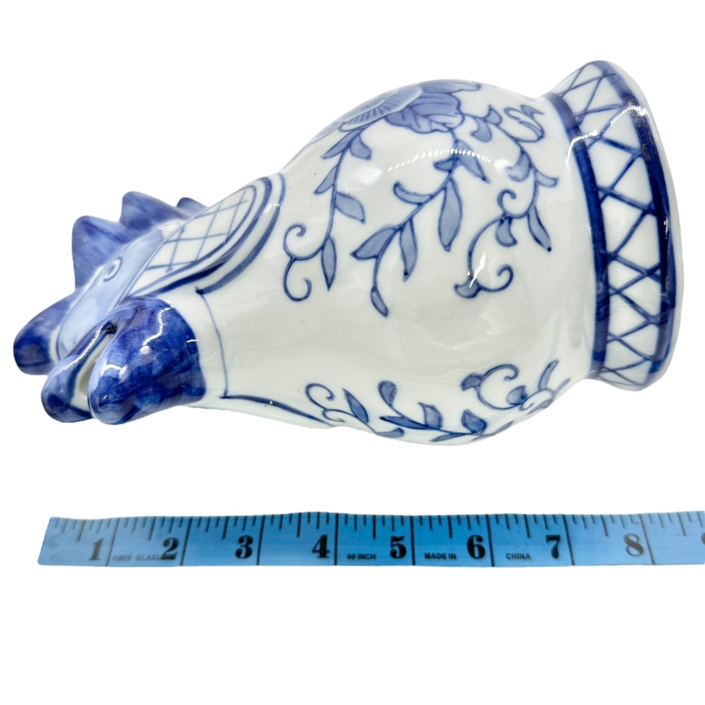Vintage Rooster Pitcher Blue and White Ceramic With Floral Design 8 in Tall