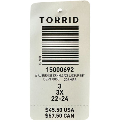 Torrid 3 LaceUp Babydoll Top Womens 22-24 Auburn Crinkle Gauze Flowy Lightweight