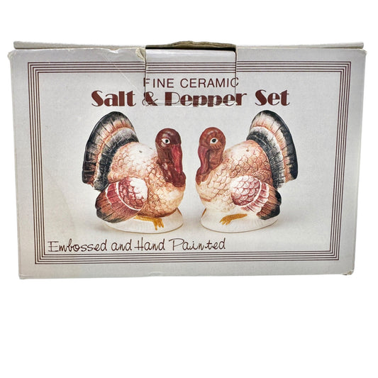 Turkey Ceramic Salt and Pepper Shaker Set Vintage Boxed Thanksgiving Tableware