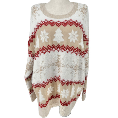 Holiday Time Sweater Womens 3X (24W-26W) Beige Red White Christmas Snowflake