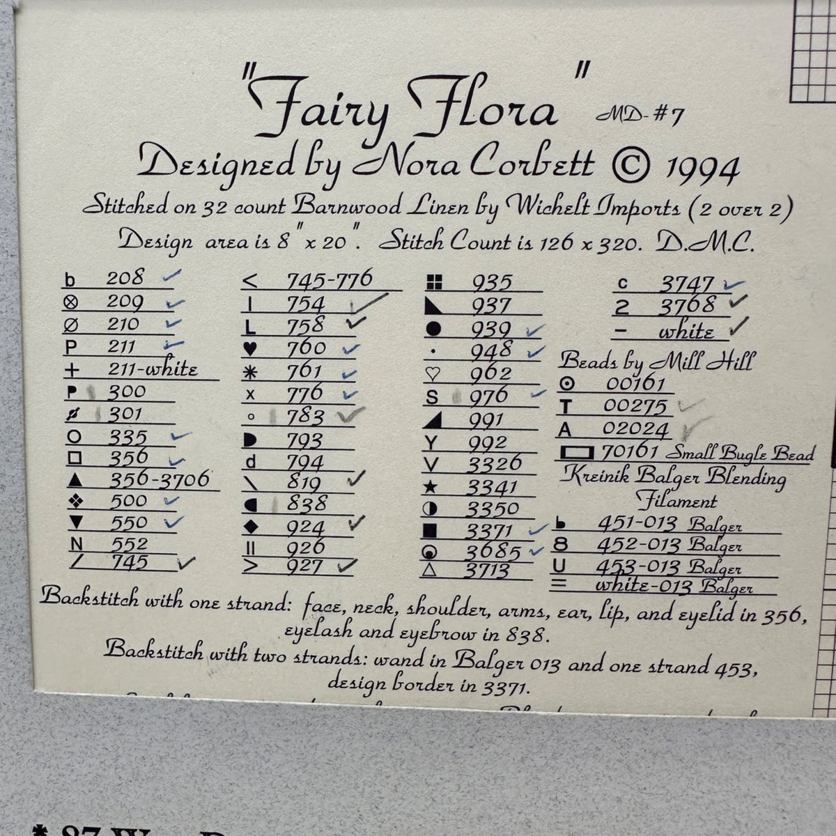 Mirabilia FAIRY FLORA Cross Stitch Pattern By Nora Corbett 1994 Design 8" x 20"