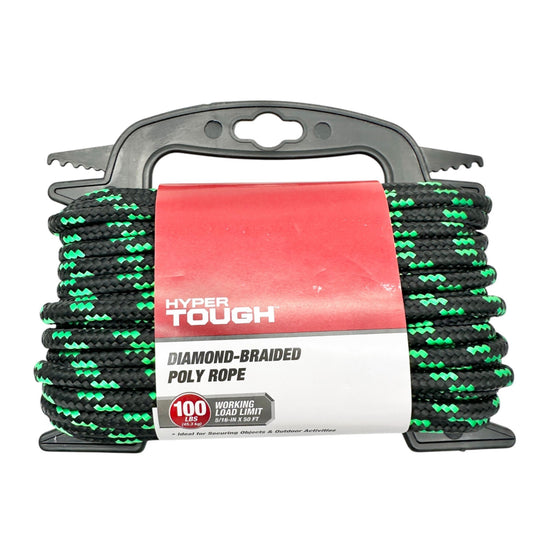 Hyper Tough Diamond Braided Poly Rope 5/16-Inch X 50-Ft Black/Green Outdoor
