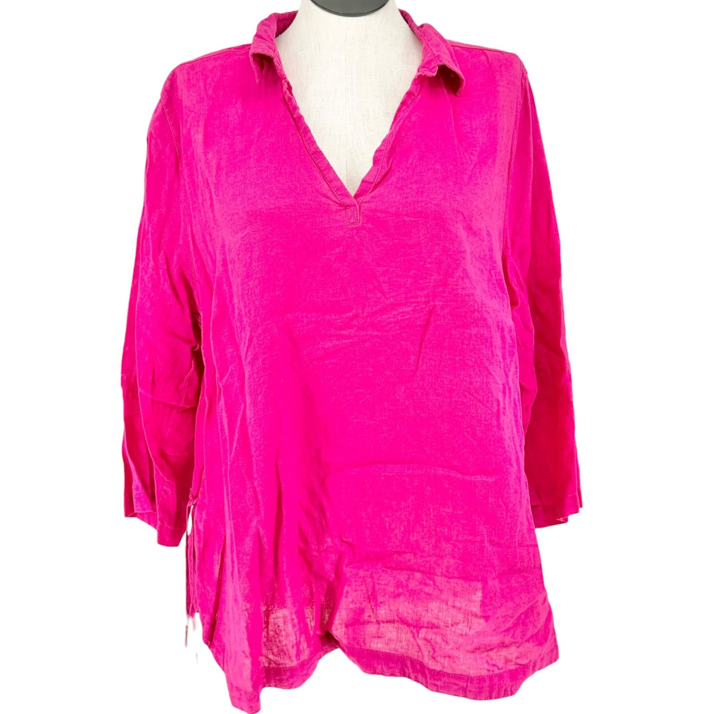 Isaac Mizrahi Top Womens 2X Pink Relaxed Linen Tunic Lightweight 3/4 Sleeves