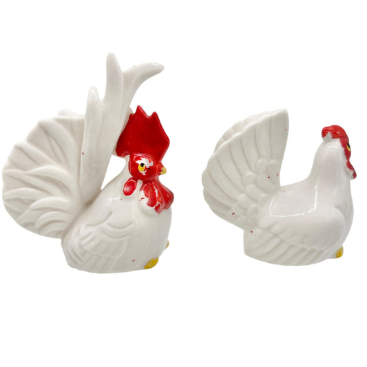 Vintage Ceramic Rooster and Hen Salt and Pepper Shakers White Red Cottagecore