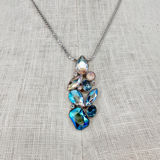 Touchstone Crystal Intrigue Pendant Necklace Silver Chain Iridescent Adj 23”L