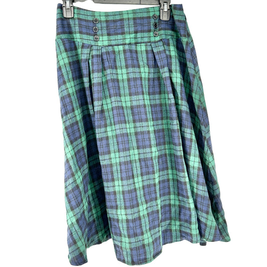 Vintage Plaid Midi Skirt Womens M Blue and Green Flannel Button Detail Pleated