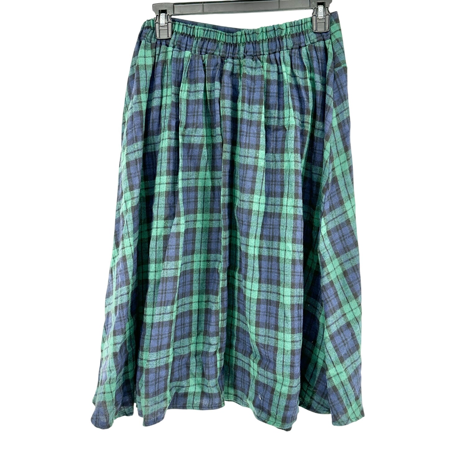 Vintage Plaid Midi Skirt Womens M Blue and Green Flannel Button Detail Pleated