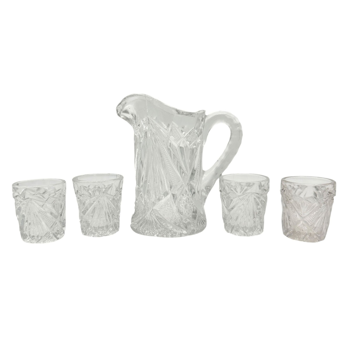 Rex Fancy Cut Pitcher and 4 Tumblers Set Childrens Tableware EAPG Etched Glass