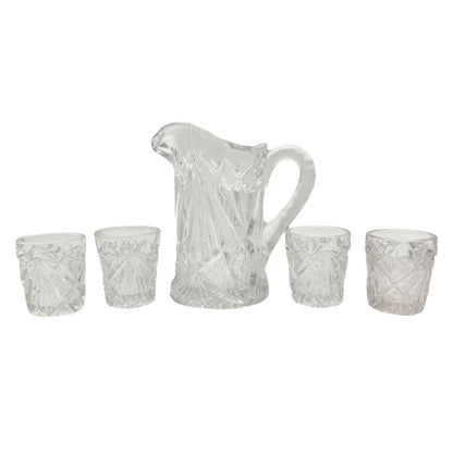 Rex Fancy Cut Pitcher and 4 Tumblers Set Childrens Tableware EAPG Etched Glass