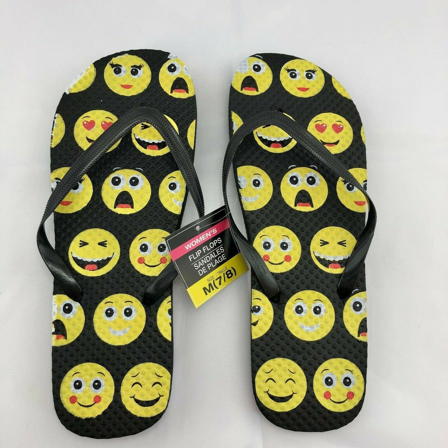 Flip Flops Emojis Womens M (7-8) Black and Yellow NEW beach pool camping casual Summer