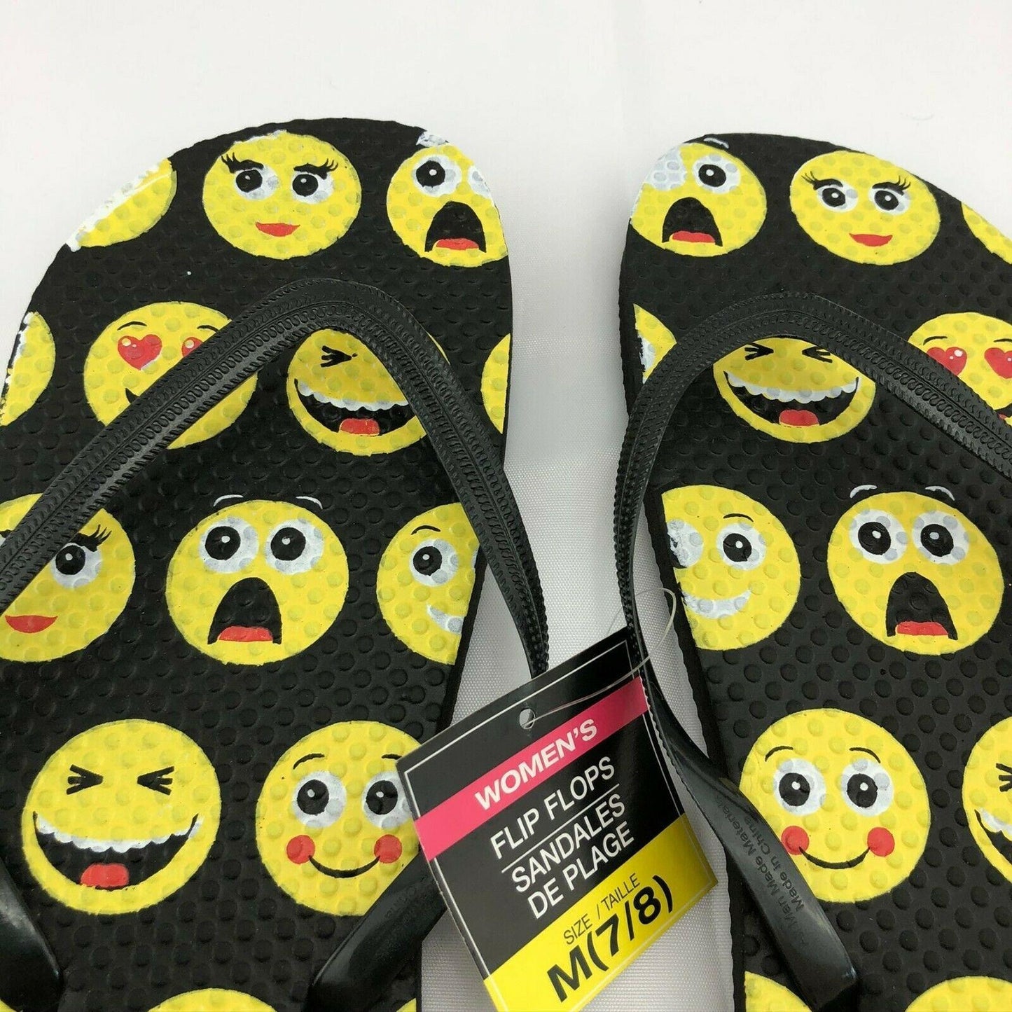 Flip Flops Emojis Womens M (7-8) Black and Yellow NEW beach pool camping casual Summer