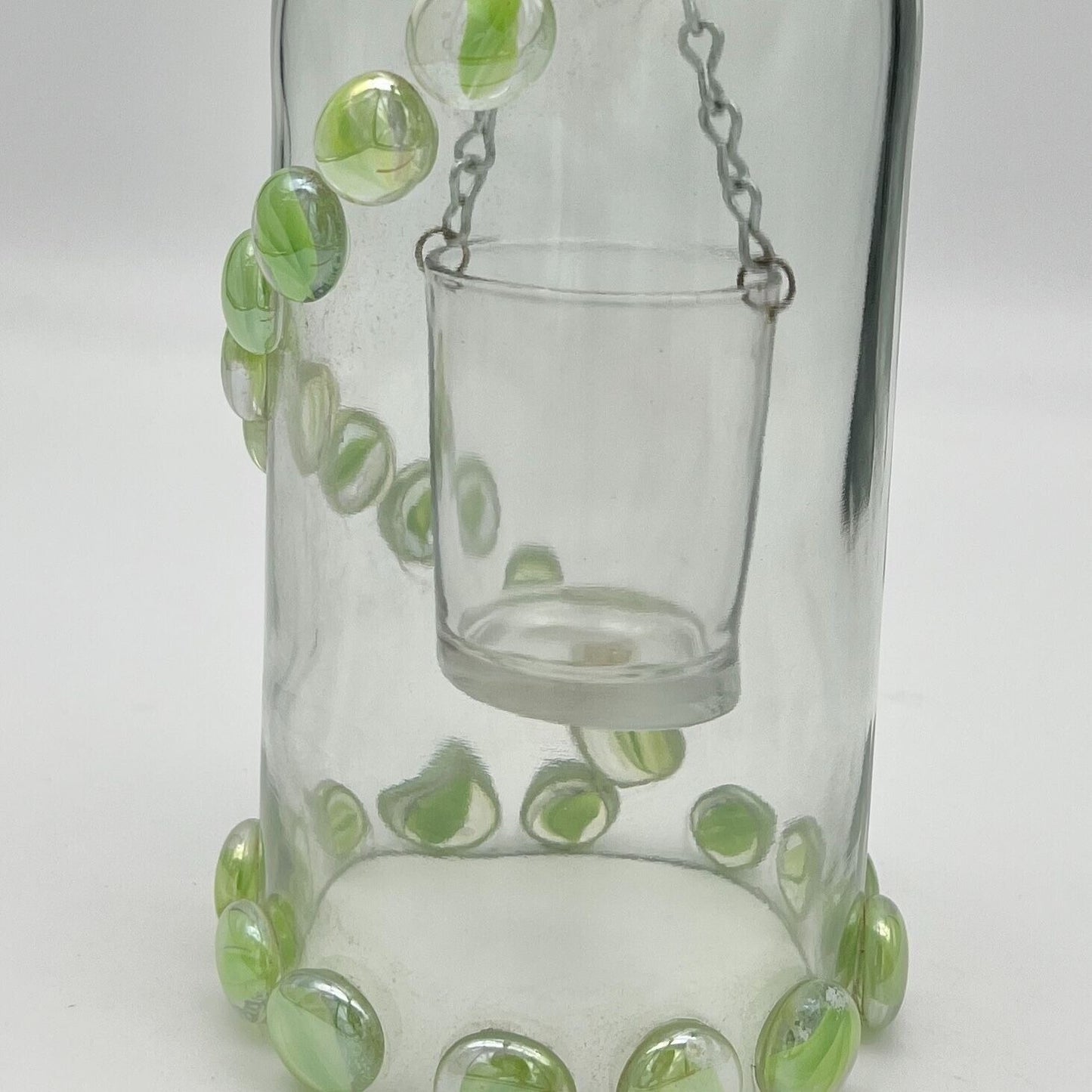 Hanging Decorative Wine Bottle Light with Votive Clear Glass Green Marble