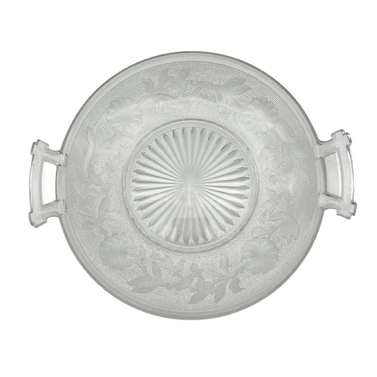 Serving Dish 9 inch Clear Glass Etched Flowers 2 Handles