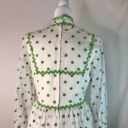 Vintage 1960s White w/ Green Polka Dots High Collar Long Sleeve Gown Bridesmaid