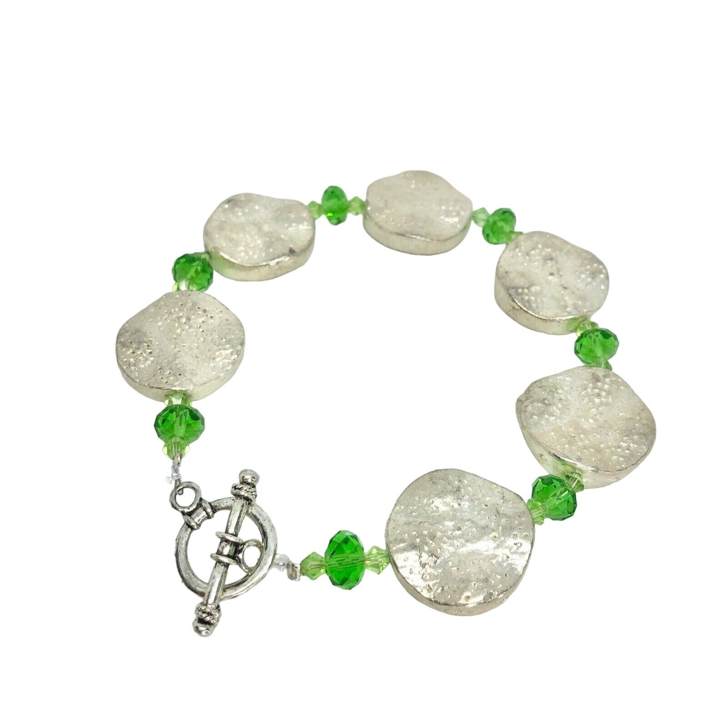 Handcrafted Bracelet Silver Discs & Green Beads Fresh Fun NEW