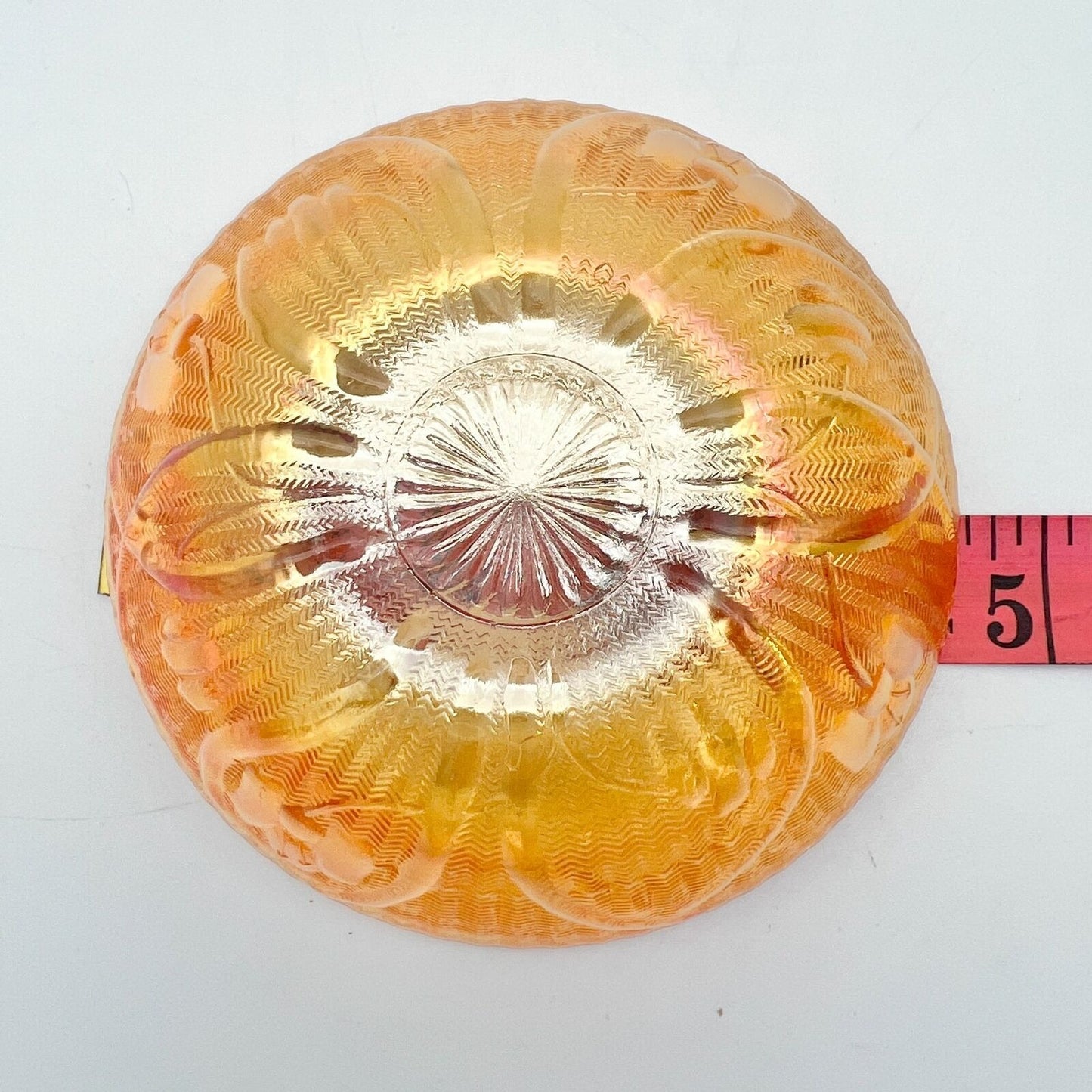 Iridescent Iris & Herringbone Marigold Compote Dish Vintage Carnival Glass 1940s