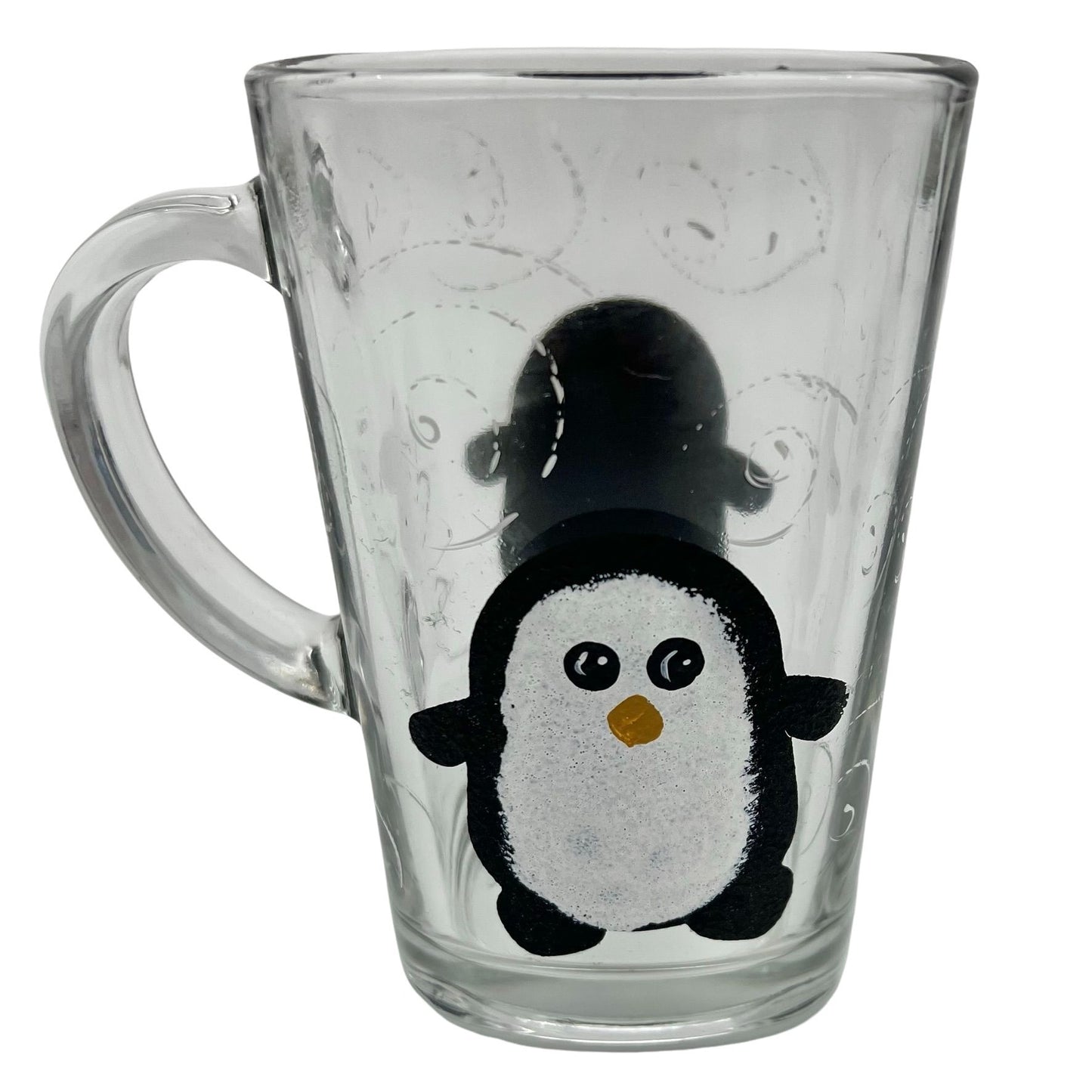 Glass Mug with Hand Painted Penguins  and Swirls 5 Inches Tall