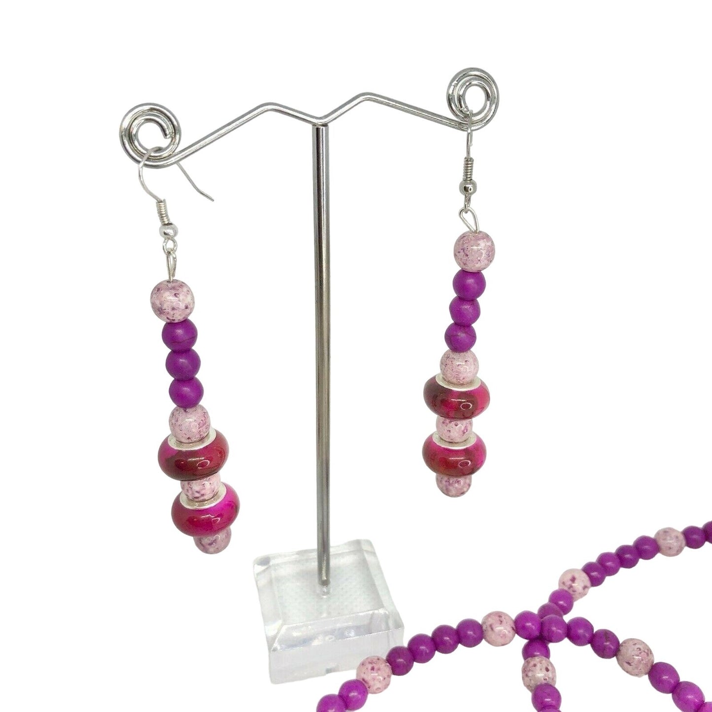 Handcrafted 2pc Jewelry Set Dark Pink Beads Necklace Earrings NEW