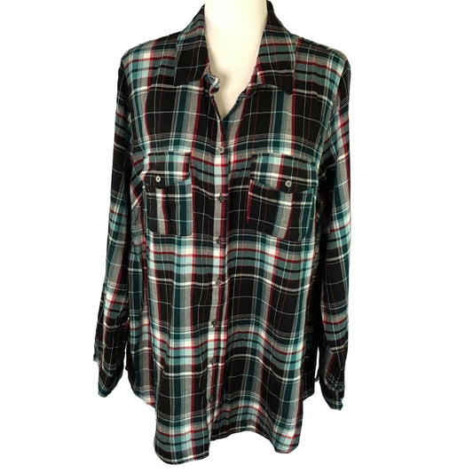 New Direction Multi Plaid Boyfriend Shirt 2X button women long sleeve NWOT