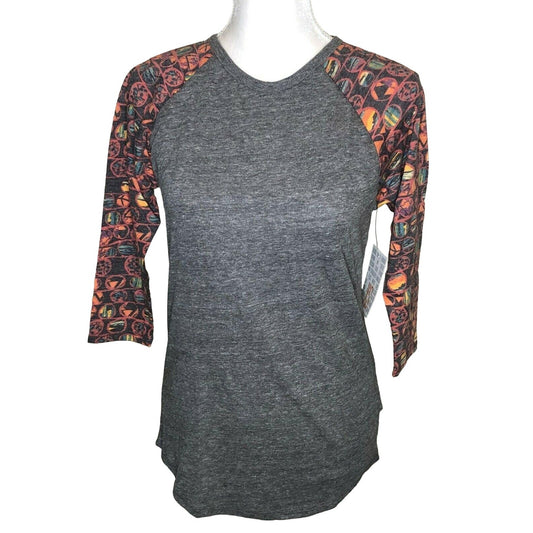 LuLaRoe Randy Baseball Style Tee Size XS Dark Gray & multi-color 3/4 sleeves NWT