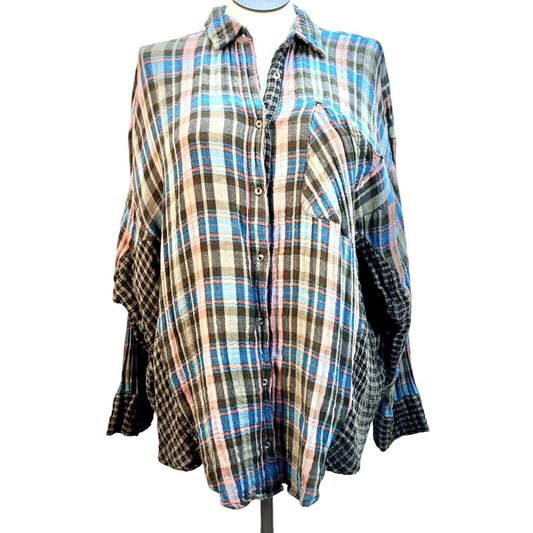 Free People Shirt Large Olive Blue Peach Plaid Button Up Long Sleeve EUC